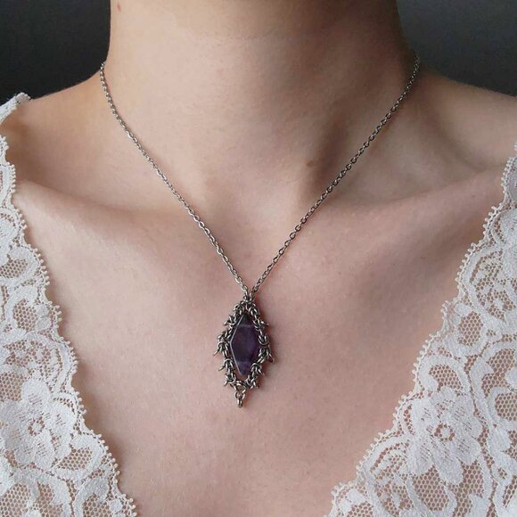 Vintage Antique Victorian Gothic purple quartz and silver necklace - Picture 1 of 7
